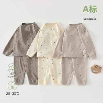 Vaikų dviejų dalių pižamų komplektas iš medvilnės, apvalus kaklo viršūnė ir kelnytės, piešinys cartoon, unisex, 1–3 metų amžiaus, pavasaris-ruduo