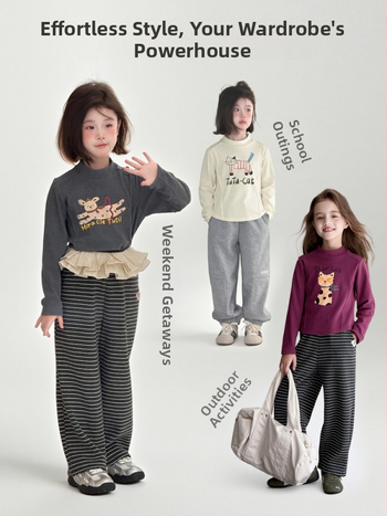 Laste T-särk pikkade varrukatega Korea stiilis ümmarguse kaelusega karikatuurtrükk, polüester 94,8%