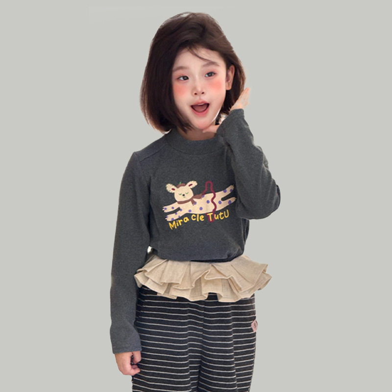 Laste T-särk pikkade varrukatega Korea stiilis ümmarguse kaelusega karikatuurtrükk, polüester 94,8%