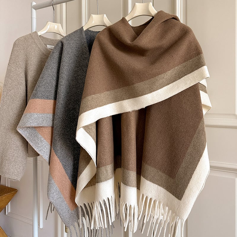 Pelerină-șal pentru femei, cu ciucuri și patchwork, țesătură jacquard din poliester, cald pentru patru anotimpuri.
