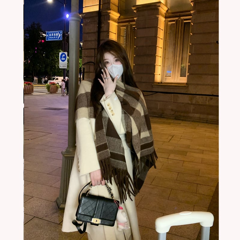 Șal unisex cald, în stil capă cu ciucuri (Primăvara, Material: Alt, Model: Unicolor, Funcție: Cald)
