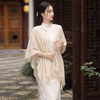 Cardigan tricotat poncho cu eșarfă – model monocrom, cașmir artificial, cald, jacquard, lățime 70 cm