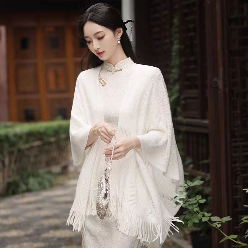 Cardigan tricotat poncho cu eșarfă – model monocrom, cașmir artificial, cald, jacquard, lățime 70 cm