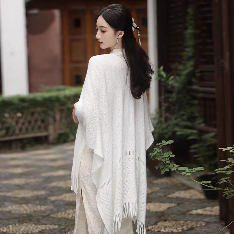 Cardigan tricotat poncho cu eșarfă – model monocrom, cașmir artificial, cald, jacquard, lățime 70 cm
