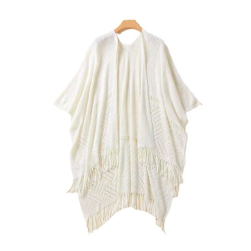 Cardigan tricotat poncho cu eșarfă – model monocrom, cașmir artificial, cald, jacquard, lățime 70 cm
