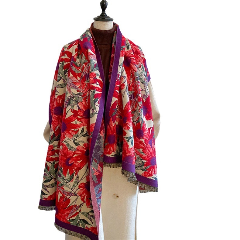 Ženski šal, umjetni kašmir, retro etno stil, dugačak kroj, Jacquard tkanina, cvjetni uzorak, održava toplinu