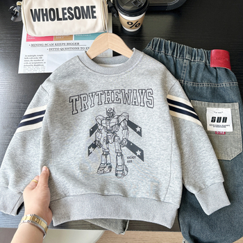 Детски суитшърт с дълъг ръкав, пуловер, памук, мека обработка, карикатурен принт, есен 2025, възраст 3–8 години