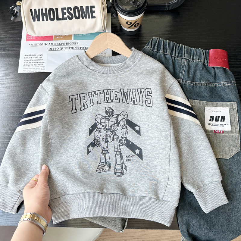 Детски суитшърт с дълъг ръкав, пуловер, памук, мека обработка, карикатурен принт, есен 2025, възраст 3–8 години