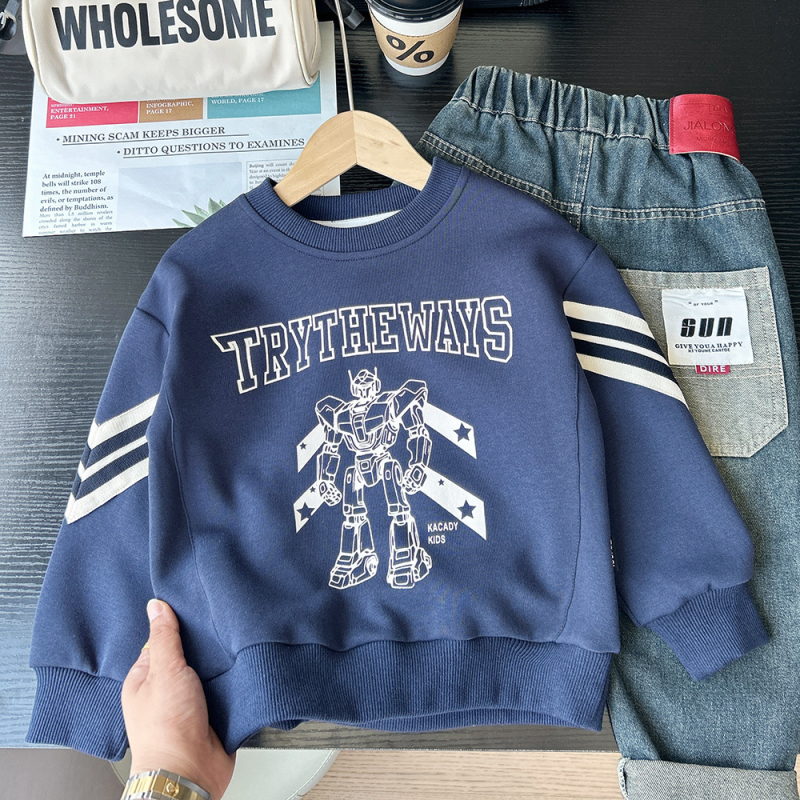 Детски суитшърт с дълъг ръкав, пуловер, памук, мека обработка, карикатурен принт, есен 2025, възраст 3–8 години