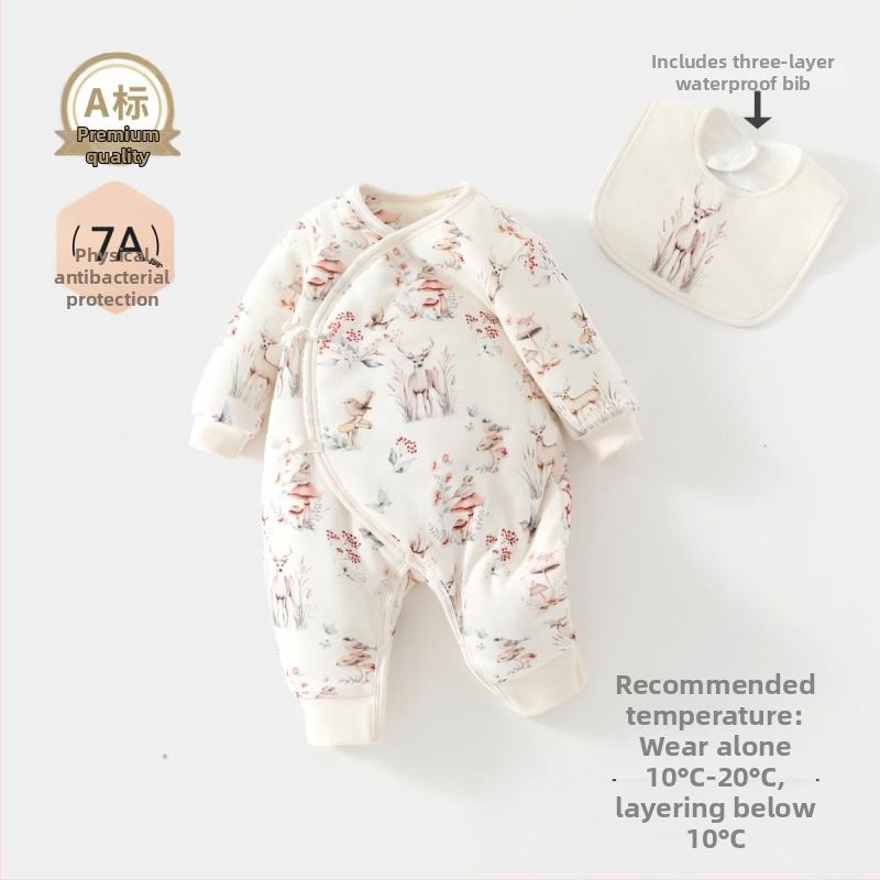 Vienos dalies kūdikio kombinezonas, 100% medvilnė, sojų pluošto užpildas, storas rudens–žiemos laikotarpiui, ilgos rankovės, be gobtuvo, užsegimas vienos eilės mygtukais