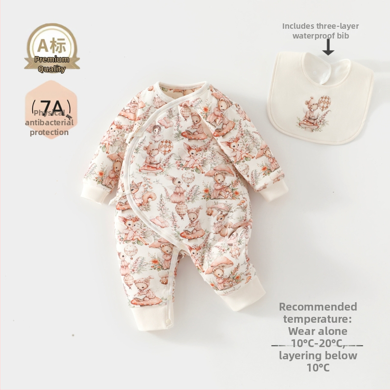 Vienos dalies kūdikio kombinezonas, 100% medvilnė, sojų pluošto užpildas, storas rudens–žiemos laikotarpiui, ilgos rankovės, be gobtuvo, užsegimas vienos eilės mygtukais