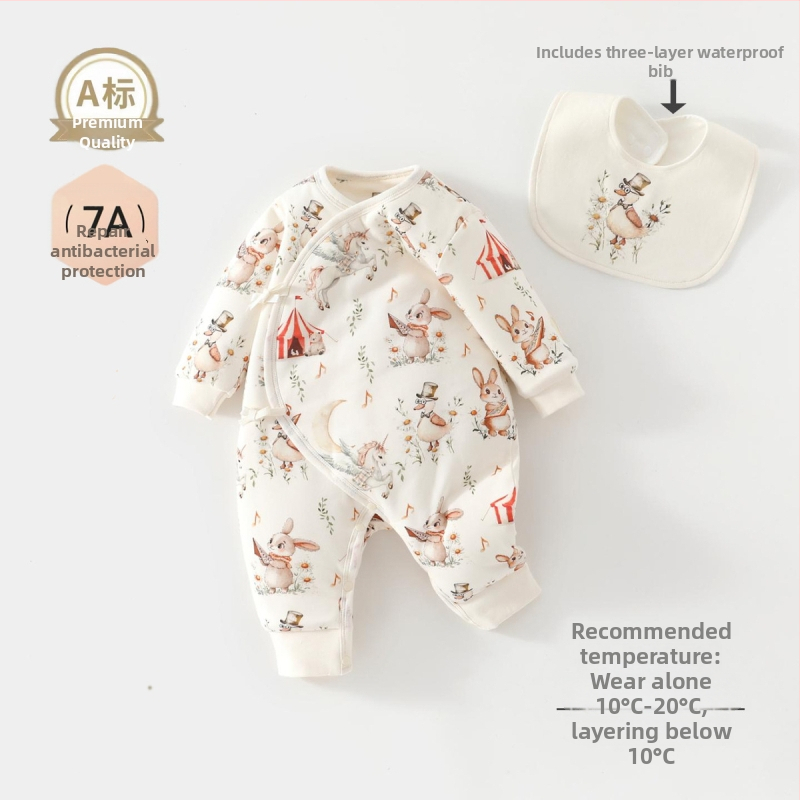 Vienos dalies kūdikio kombinezonas, 100% medvilnė, sojų pluošto užpildas, storas rudens–žiemos laikotarpiui, ilgos rankovės, be gobtuvo, užsegimas vienos eilės mygtukais