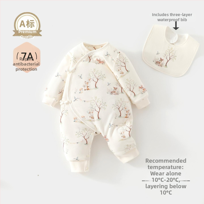 Vienos dalies kūdikio kombinezonas, 100% medvilnė, sojų pluošto užpildas, storas rudens–žiemos laikotarpiui, ilgos rankovės, be gobtuvo, užsegimas vienos eilės mygtukais