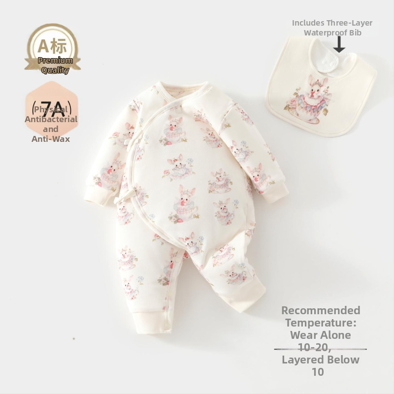 Vienos dalies kūdikio kombinezonas, 100% medvilnė, sojų pluošto užpildas, storas rudens–žiemos laikotarpiui, ilgos rankovės, be gobtuvo, užsegimas vienos eilės mygtukais