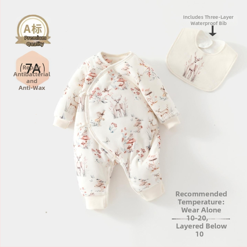Vienos dalies kūdikio kombinezonas, 100% medvilnė, sojų pluošto užpildas, storas rudens–žiemos laikotarpiui, ilgos rankovės, be gobtuvo, užsegimas vienos eilės mygtukais