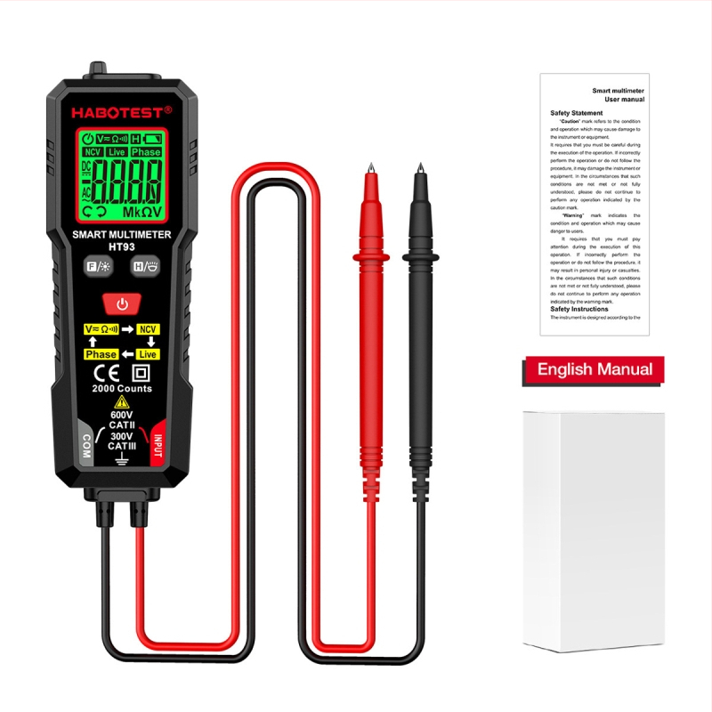 Habotest HT93 digitālais multimetrs ar aizsardzību pret degšanu, fāžu secības detektors, pilnībā automātiska darbība, augsta precizitāte mērījumos