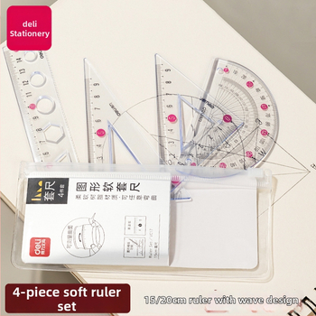 Deli minkšta liniuotė mokiniams, keturių dalių PVC rinkinys, modeliai VC17/VC18, su skale ir kampomatu