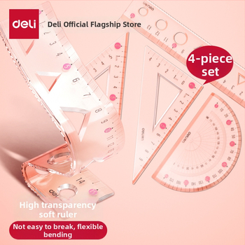 Deli minkšta liniuotė mokiniams, keturių dalių PVC rinkinys, modeliai VC17/VC18, su skale ir kampomatu