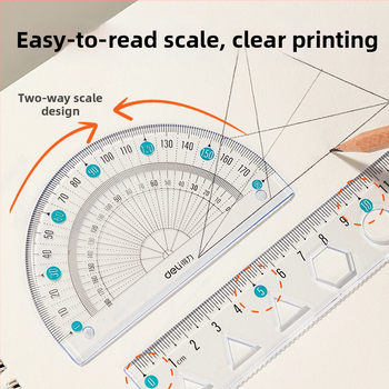 Deli minkšta liniuotė mokiniams, keturių dalių PVC rinkinys, modeliai VC17/VC18, su skale ir kampomatu