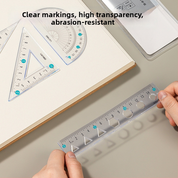 Deli minkšta liniuotė mokiniams, keturių dalių PVC rinkinys, modeliai VC17/VC18, su skale ir kampomatu