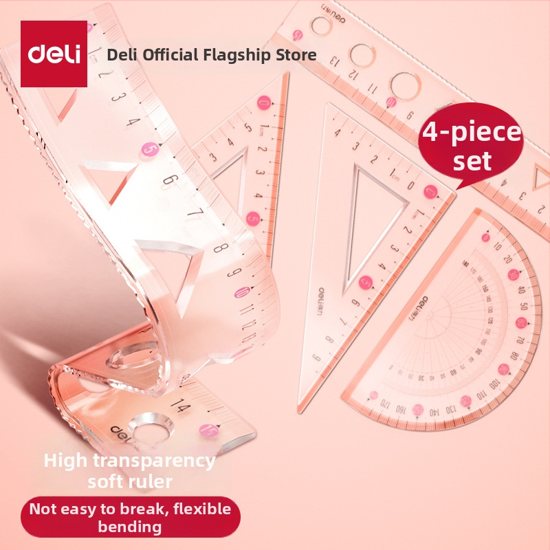 Deli mäkká pravítka pre žiakov, štvordielny PVC set, model VC17/VC18, s stupnicou a uhlomerom