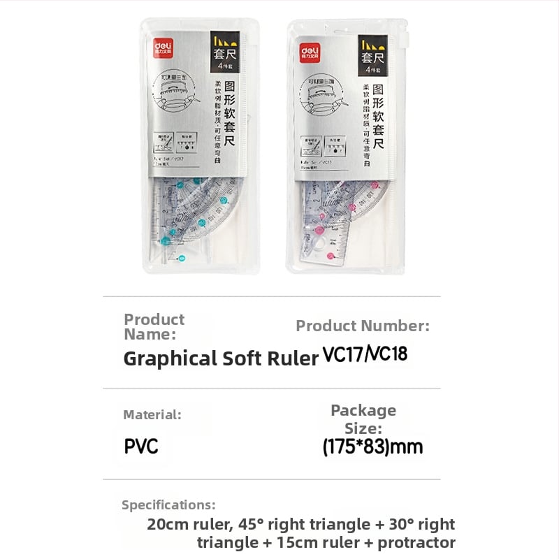 Deli minkšta liniuotė mokiniams, keturių dalių PVC rinkinys, modeliai VC17/VC18, su skale ir kampomatu