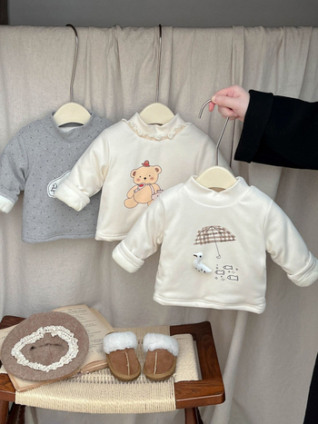 Lányok téli dupla rétegű fleece alapfelső, koreai stílusú, hosszú ujjú, poliészter