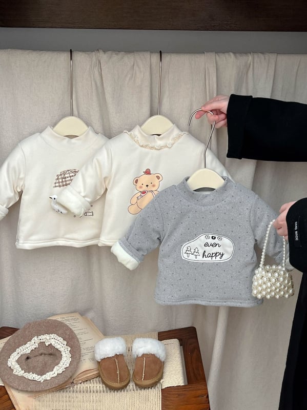 Lányok téli dupla rétegű fleece alapfelső, koreai stílusú, hosszú ujjú, poliészter