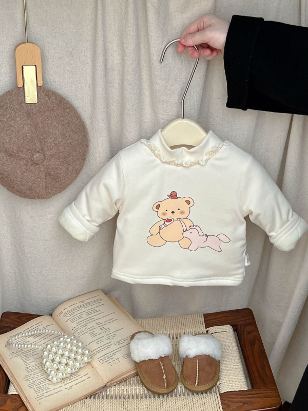 Lányok téli dupla rétegű fleece alapfelső, koreai stílusú, hosszú ujjú, poliészter