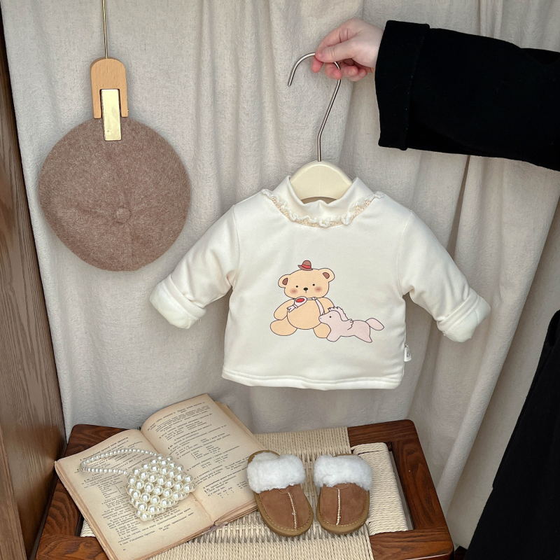 Lányok téli dupla rétegű fleece alapfelső, koreai stílusú, hosszú ujjú, poliészter