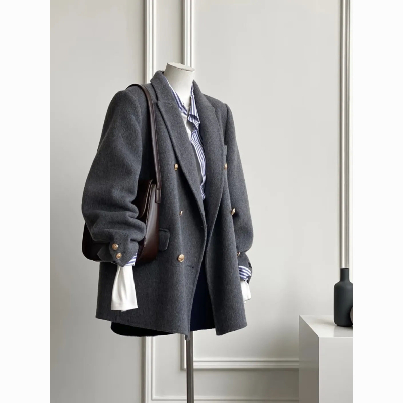 Női rövid Chenille kabát, japán-koreai casual stílus, laza szabás, hosszú ujjú, zakó típusú gallér, Spandex keverék