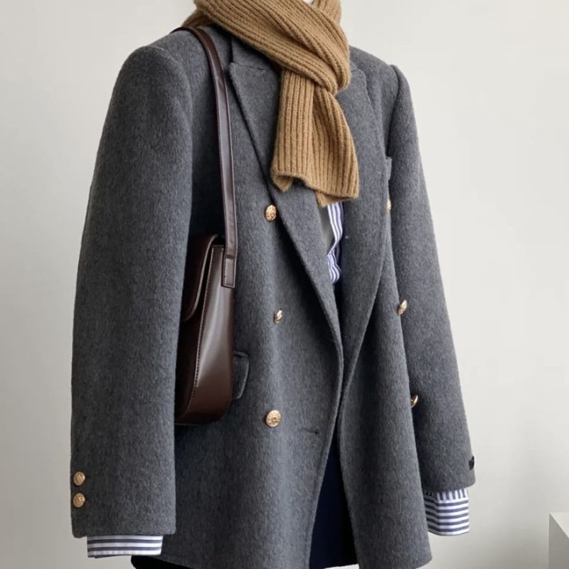 Női rövid Chenille kabát, japán-koreai casual stílus, laza szabás, hosszú ujjú, zakó típusú gallér, Spandex keverék