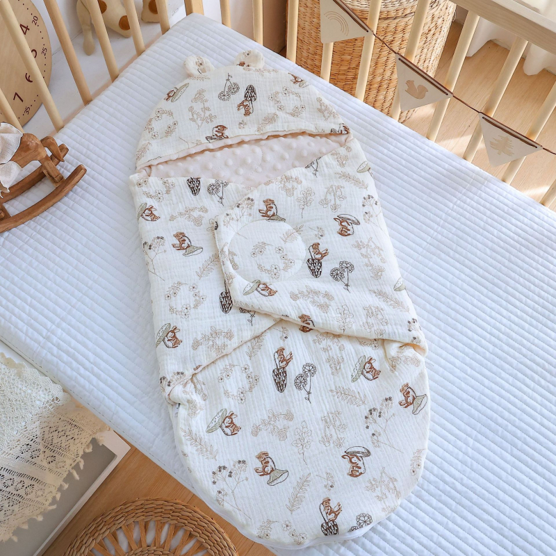 Quiltuotas kūdikio miegas maišelis – dviejų viename wrap, stora medvilnė 95%+, poliesterio pamušalas, poliesterio užpildas, pavasaris‑ruduo