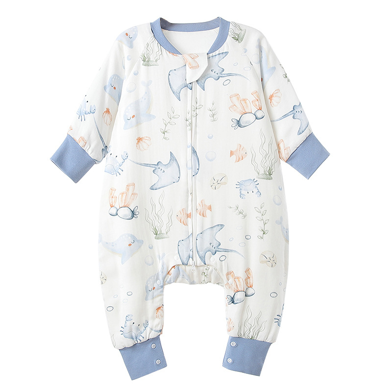 Kūdikių miegamojo užvalkalas su šešiais bambuso pluošto sluoksniais, viengabals pižamos dizainas su atskirtais kojomis, medvilnės mišinio audinys su medvilnės pluošto įlietu, karikatūrų raštas, dervos užtrauktukas