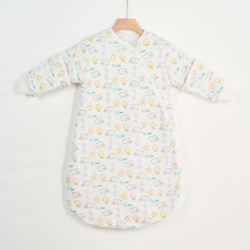 Kūdikių miego maišelis, kokono stiliaus, piešinys – karikatūra, 95% medvilnės audinys ir pamušalas, nuimami rankogaliai, metalinis užtrauktukas