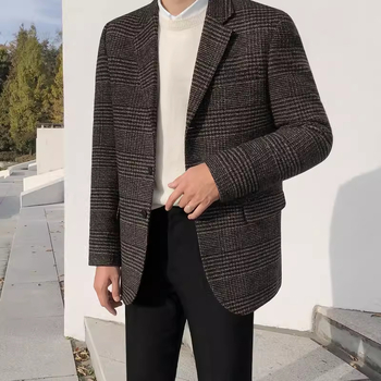 Casual vintage ruuduline kostüümjak – talvine villasegu, kaks nupud ees, ülikonna krae, pikad varrukad