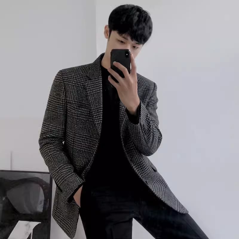 Casual vintage ruuduline kostüümjak – talvine villasegu, kaks nupud ees, ülikonna krae, pikad varrukad