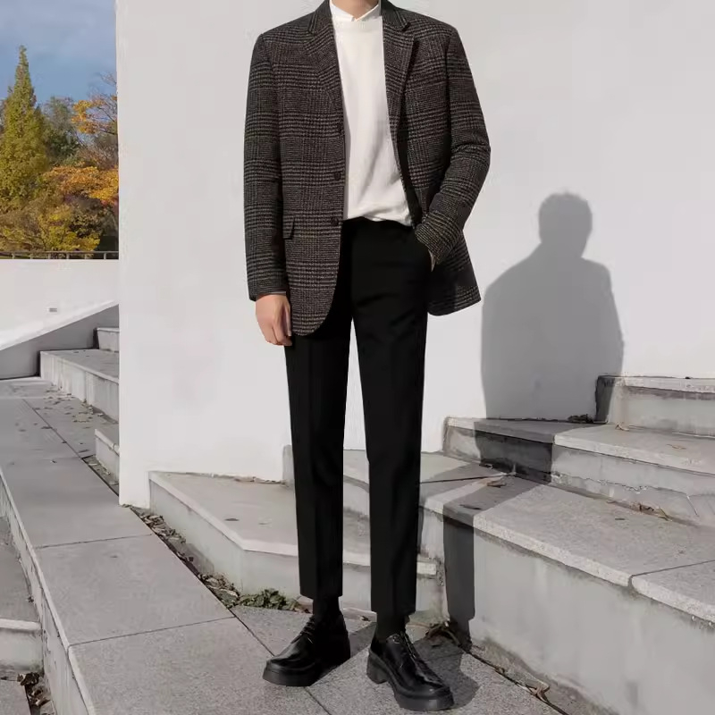 Casual vintage ruuduline kostüümjak – talvine villasegu, kaks nupud ees, ülikonna krae, pikad varrukad