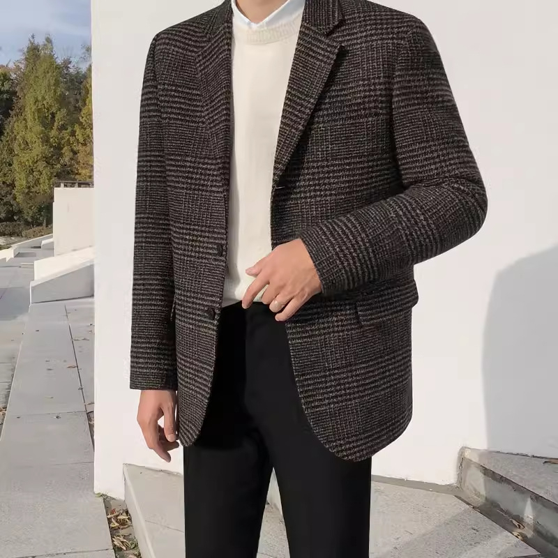 Casual vintage ruuduline kostüümjak – talvine villasegu, kaks nupud ees, ülikonna krae, pikad varrukad