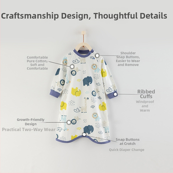 Kūdikių miego maišelis iš medvilnės, išorė medvilnė, 95%+ gryni medvilnės pamušalas, ilgomis rankovėmis, puloverio stiliaus, drėgmės valdymas, gyvūnų raštas, tinkamas rudenį, žiemą ir pavasarį