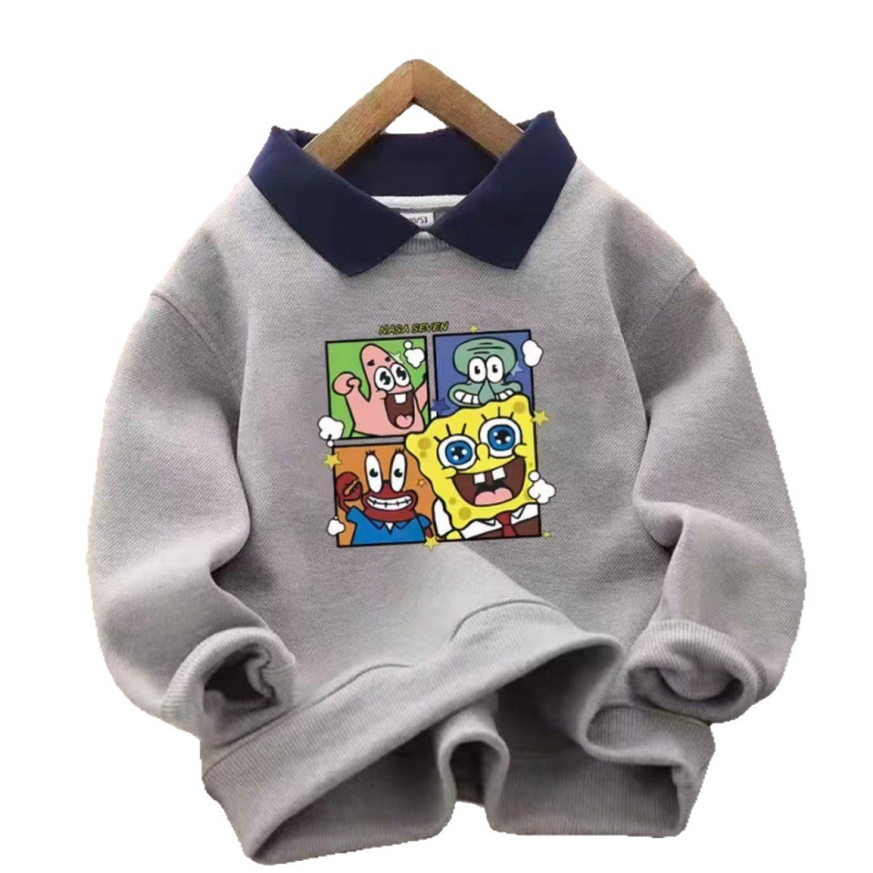 Детски суитшърт с яка, унисекс, спортен стил, удебелена полиестерна материя, карикатурна и буквена шарка, дълги ръкави, пуловер