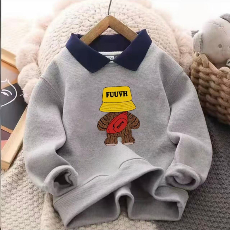 Детски суитшърт с яка, унисекс, спортен стил, удебелена полиестерна материя, карикатурна и буквена шарка, дълги ръкави, пуловер