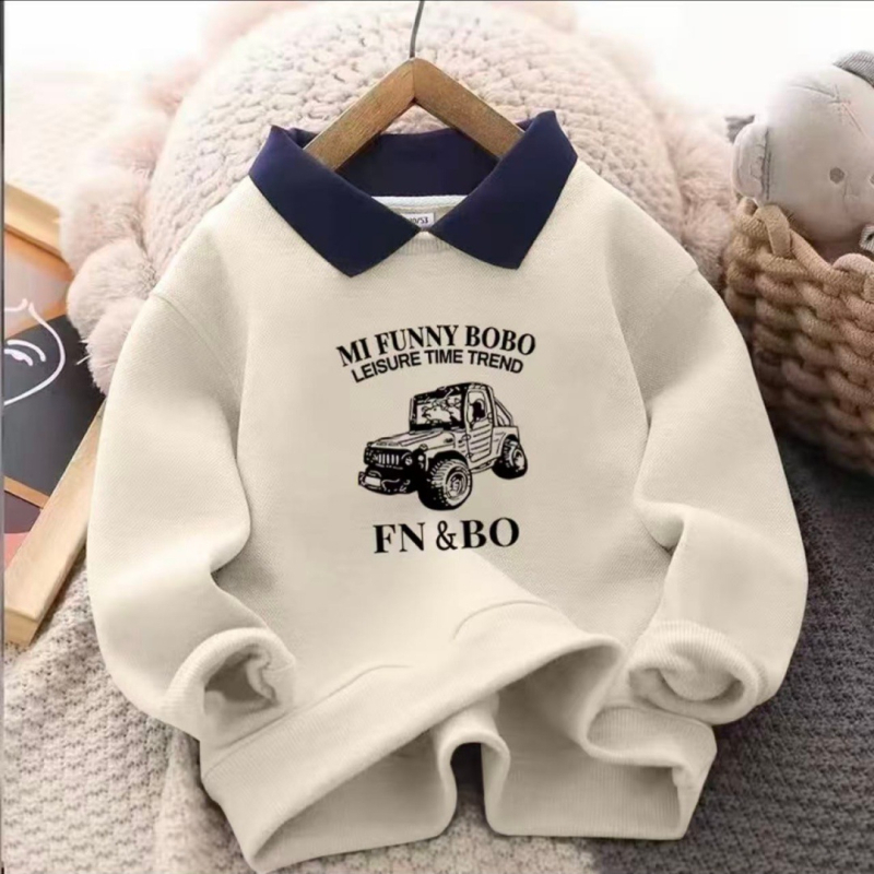 Детски суитшърт с яка, унисекс, спортен стил, удебелена полиестерна материя, карикатурна и буквена шарка, дълги ръкави, пуловер