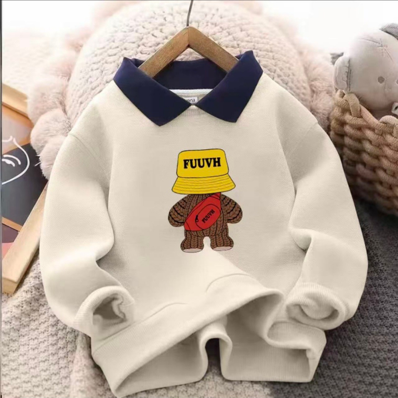 Детски суитшърт с яка, унисекс, спортен стил, удебелена полиестерна материя, карикатурна и буквена шарка, дълги ръкави, пуловер