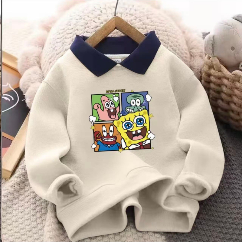 Детски суитшърт с яка, унисекс, спортен стил, удебелена полиестерна материя, карикатурна и буквена шарка, дълги ръкави, пуловер