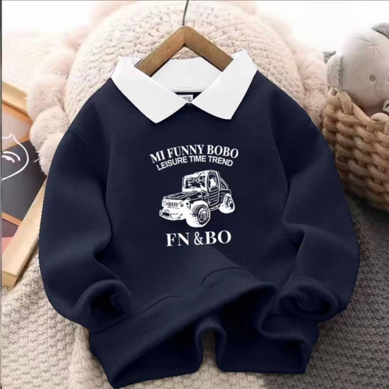 Детски суитшърт с яка, унисекс, спортен стил, удебелена полиестерна материя, карикатурна и буквена шарка, дълги ръкави, пуловер