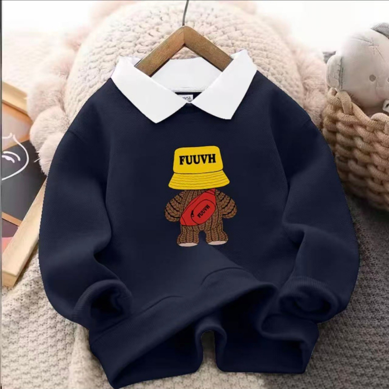 Детски суитшърт с яка, унисекс, спортен стил, удебелена полиестерна материя, карикатурна и буквена шарка, дълги ръкави, пуловер