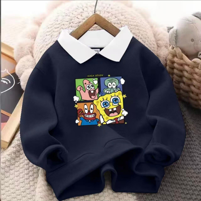 Детски суитшърт с яка, унисекс, спортен стил, удебелена полиестерна материя, карикатурна и буквена шарка, дълги ръкави, пуловер