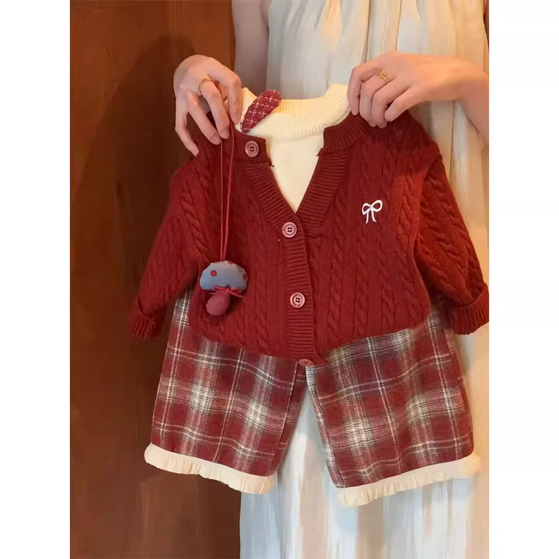 Dječji zimski dvodijelni komplet za djevojčice, korejskog stila, karirani pleteni materijal, debeli materijal, dugi rukavi