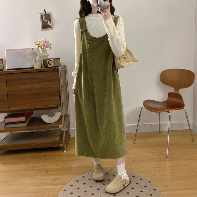 Dviejų dalių komplektas: midi suknelė su nugaros dirželiais ir nėrinių viršūnė, burbuliškos rankovės, medvilnės-poliesterio pluoštas (50–70% medvilnės) – 2025 ruduo